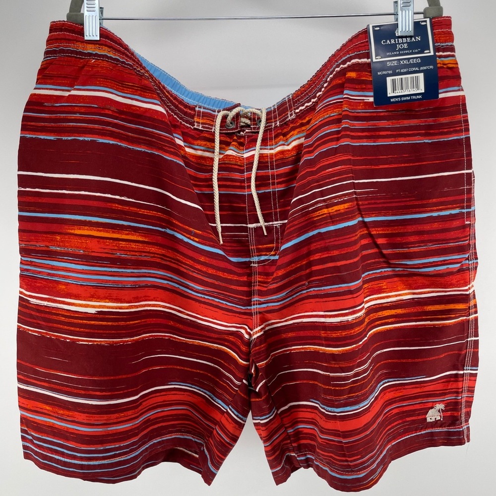 Caribbean Joe Swim Trunks Men XXL Coral Red Striped NWT Quick Dry Board Shorts